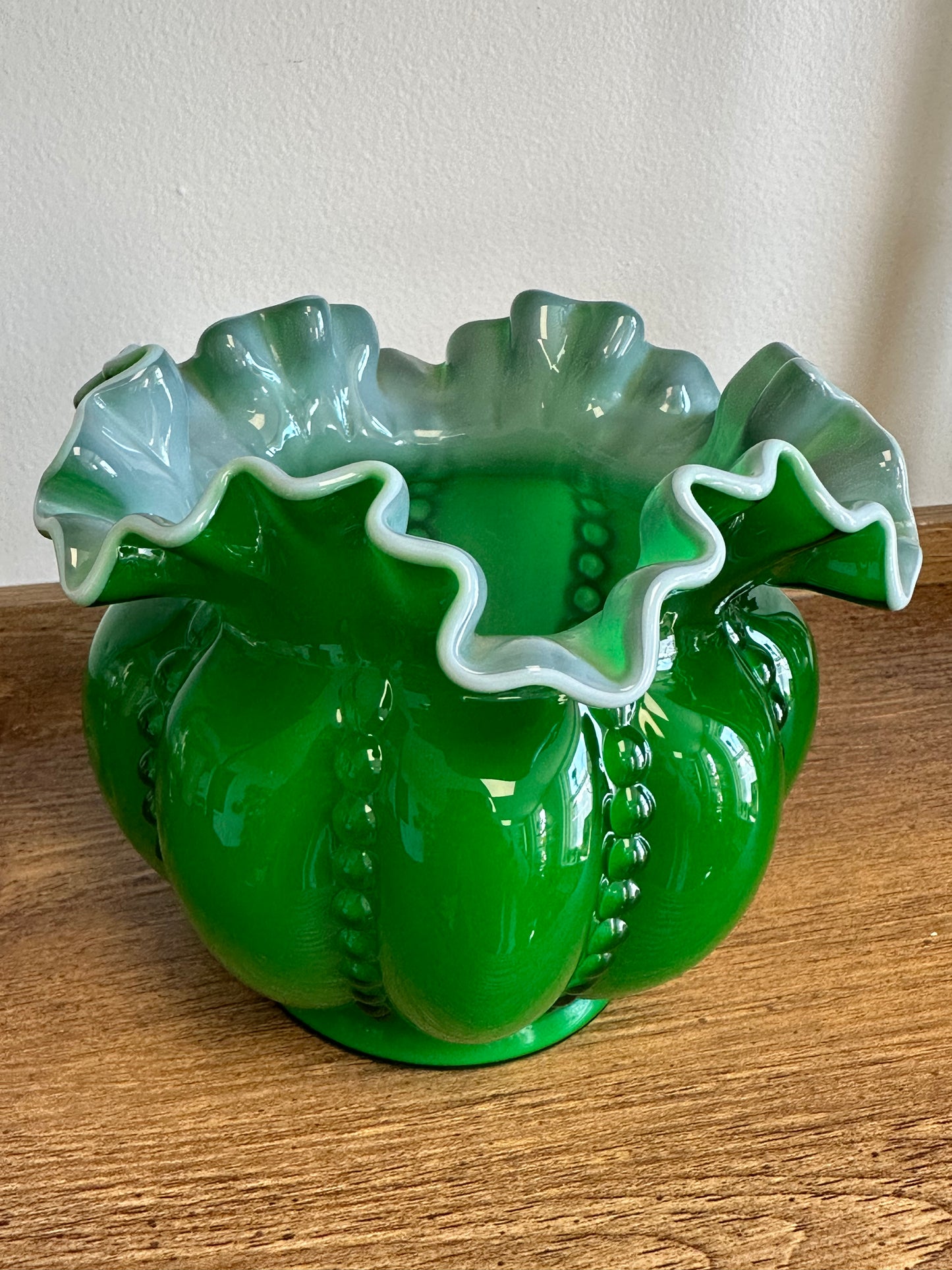 Vintage Fenton glass green ivy overlay beaded melon vase