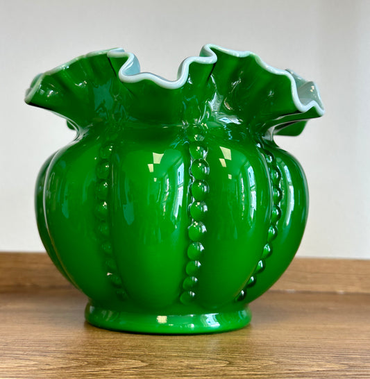 Vintage Fenton glass green ivy overlay beaded melon vase